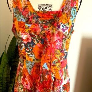 Sundance Bright Floral Ruffle Midi Dress in Orange, Red, Blue
